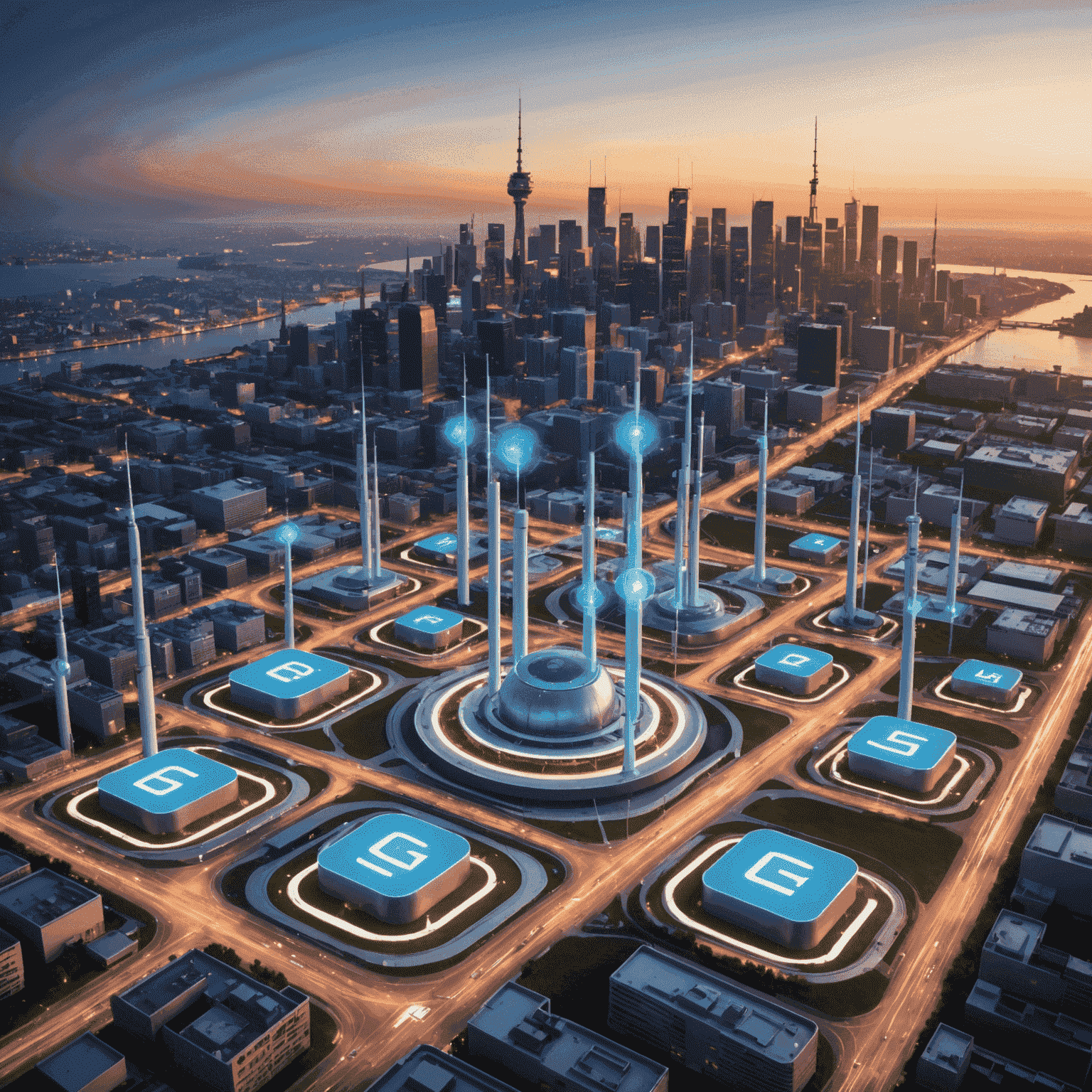 صورة توضيحية لشبكة الجيل الخامس 5G تظهر أبراج الاتصالات وأجهزة الهواتف المحمولة المتصلة بها