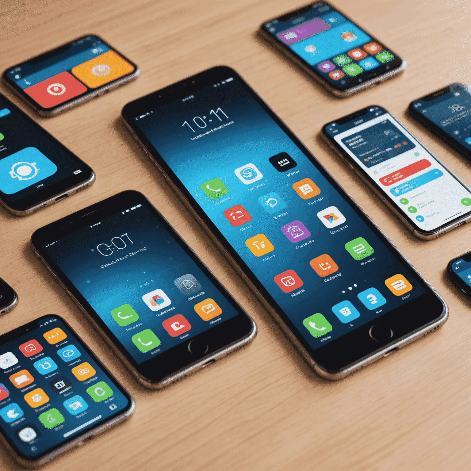 صورة توضيحية لتطوير تطبيقات الهواتف الذكية، تظهر شاشات متعددة لأجهزة iOS وAndroid مع رموز البرمجة في الخلفية