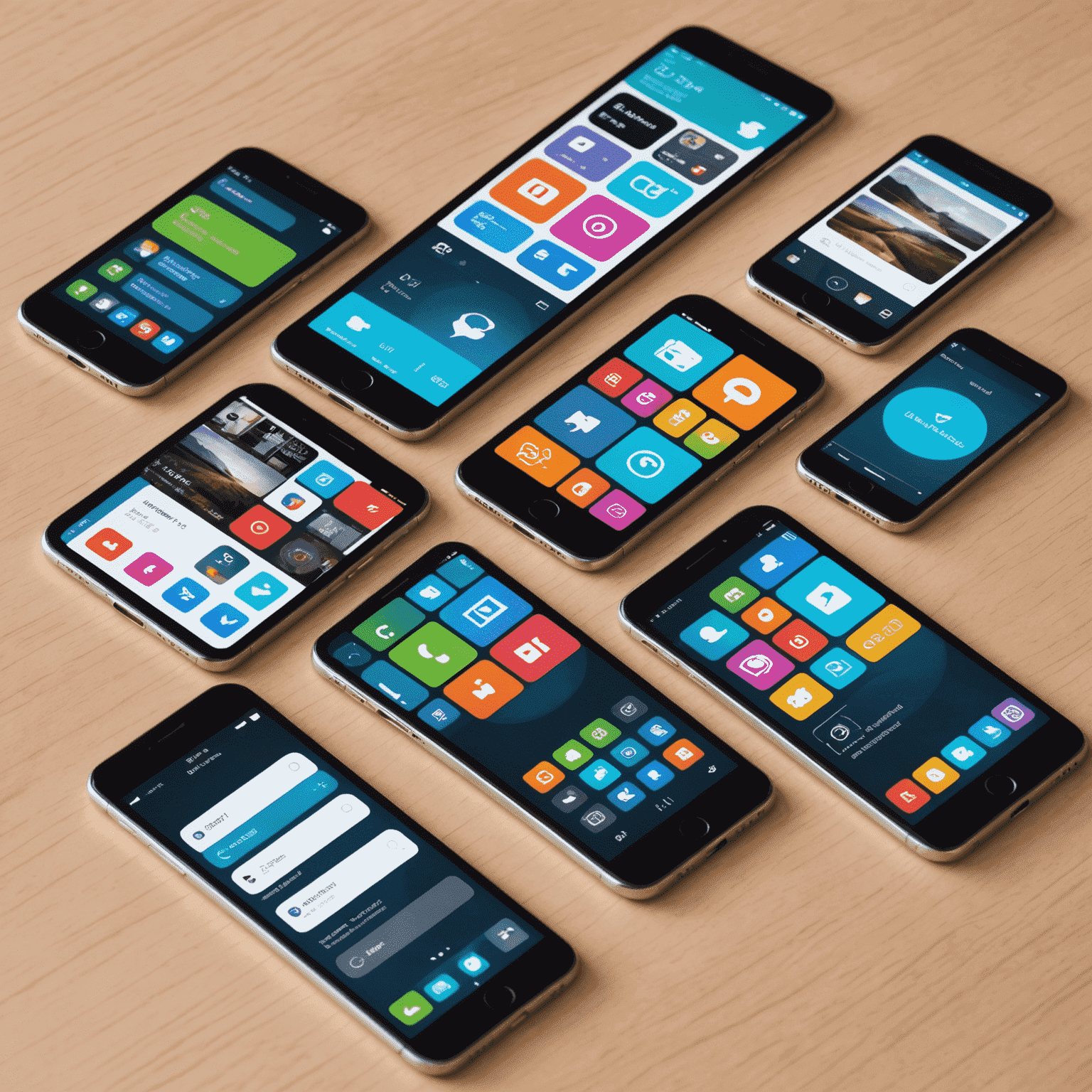 صورة توضيحية لتطوير تطبيقات الهواتف الذكية، تظهر شاشات متعددة لأجهزة iOS وAndroid مع واجهات مستخدم مختلفة ورموز تطبيقات