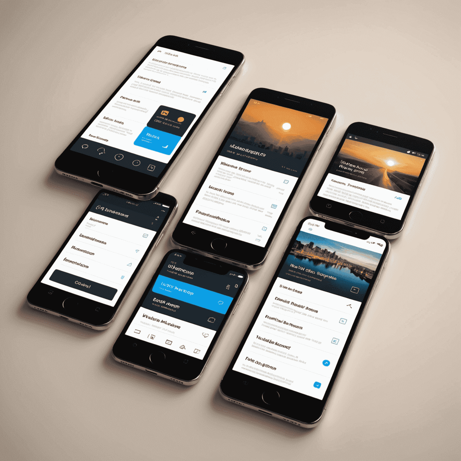 صورة توضيحية لتصميم واجهة المستخدم وتجربة المستخدم لتطبيقات الجوال، تظهر شاشات متعددة لتطبيق جوال بتصميم أنيق وسلس