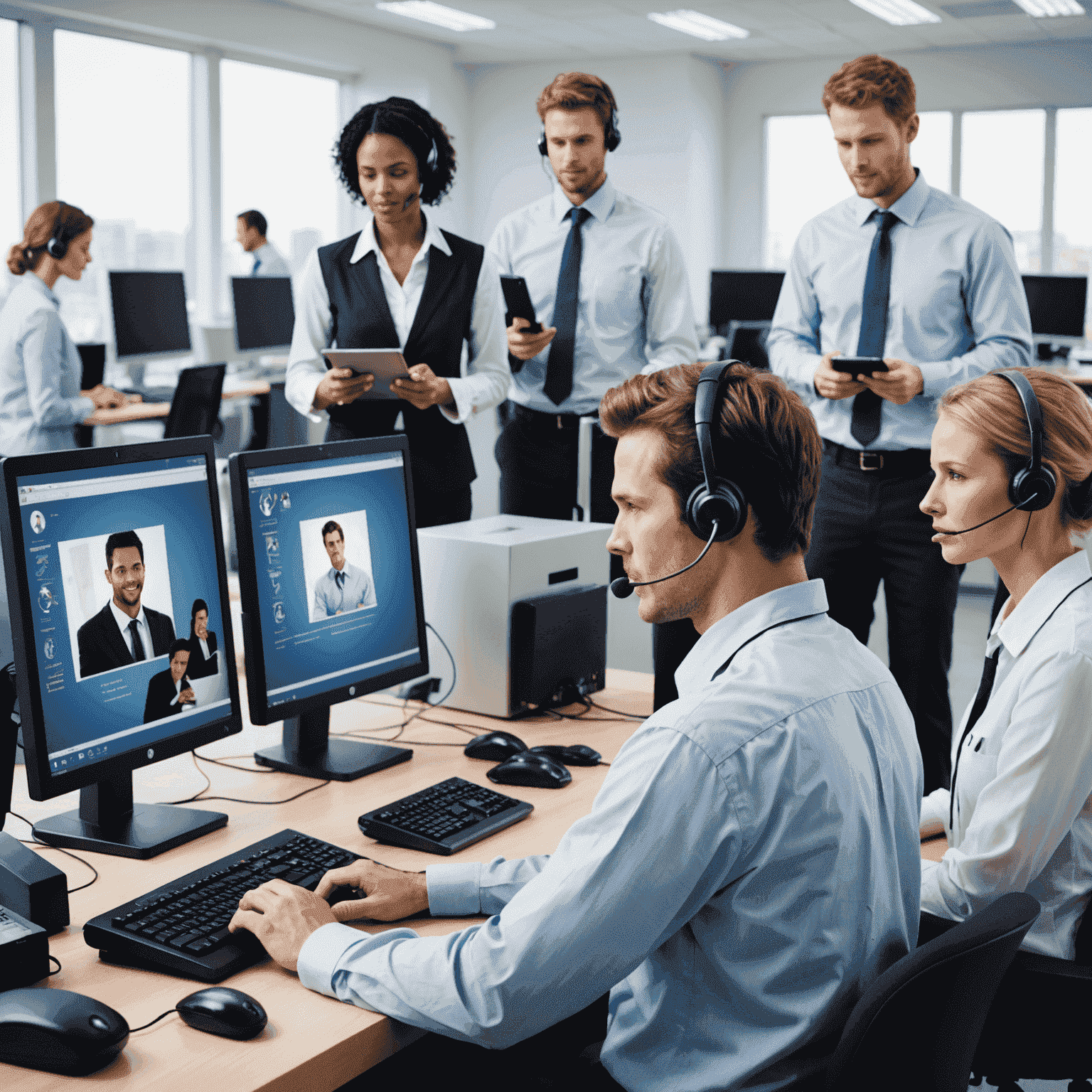 صورة توضيحية للدعم الفني، تظهر فريق من المتخصصين يقدمون المساعدة عبر أجهزة الكمبيوتر والهواتف